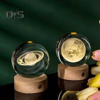 3D прозрачный шарообразный светильник, искусственный хрустальный шар, ночник с деревянной основой, работающий от USB, для декора спальни, гостиной Astronaut