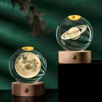3D прозрачный шаровой светильник, искусственный хрустальный шар, ночник с деревянными элементами Moon