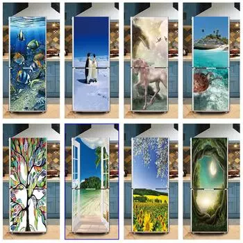 3D ПВХ обои с рыбой-пингвином для холодильника, самоклеящиеся водонепроницаемые наклейки на стену, украшение мебели, дверной плакат, наклейка, домашний декор 40x120cm(1 pcs)