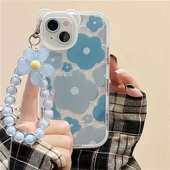 3D Радужный силиконовый чехол с изображением медвежьих ушей и цветка для iPhone 14/13/12/11 Pro Max/XR/XS, очаровательный прозрачный телефонный брелок с милым дизайном животных iPhone 14 Plus синий