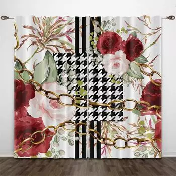 3D Red Rose Couple Flower Romantic Modern Light Filtering Drapes Theme Decorative 2 Panels Thin Curtains For Bedroom Living Room 100W130H(CM)&Hook