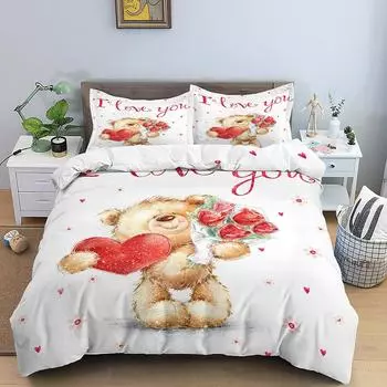 3D Романтический День Святого Валентина Пододеяльник Красная Роза Медведь Напечатанный Пододеяльник для Девочки Королева Стеганое Одеяло Наволочка Роскошный Комплект Покрывал 70x133cm 2pcs