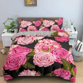 3D Rose Flower Duvet Cover Double 210x210 Bedding Set 23pcs Quilt Cover with Zipper Closure King Size Polyester Comforter Cover 70x133cm 2pcs