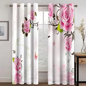 3D Rose Romantic Surface of the Water Printed Curtains, Pattern for Living Room, Спальня, Красный и Белый, Шторы для отеля 100W160H(CM)40x63in&Hook