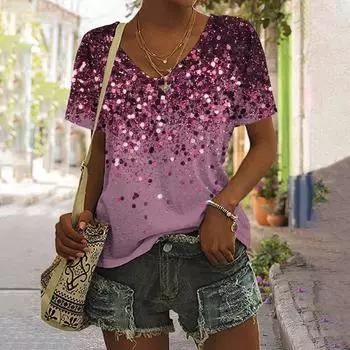 3d Роскошная женская футболка Одежда для девочек Топы с V-образным вырезом Повседневные футболки с коротким рукавом Модная летняя блузка для вечеринок 5XL S