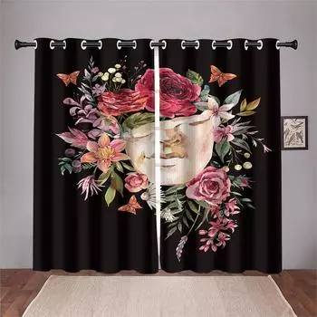 3D Роскошные Сексуальные Розы ко Дню Святого Валентина Черепа Черные Пара 2 Шт. Занавески на Окно Для Гостиной Спальни Домашний Декор Крючок 50W130H(CM)X2PCS&Grommet Top