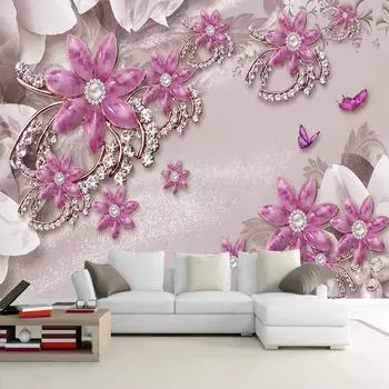 3D Роскошный Европейский Стиль Фиолетовый Цветок Бусины Ювелирные Изделия Обои Фреска Гостиная Диван Спальня Домашний Декор Наклейка Papel De Parede 300cm (W) x 200cm (H)