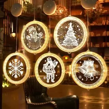 3D рождественские огни Санта-Клауса, светодиодный ночник, подвесной светильник с присоской для двери, окна, праздничное украшение, гирлянды разноцветный