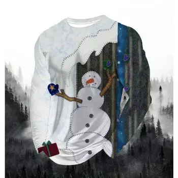 3D Рождественский снеговик Зимняя принтованная футболка Абстрактное искусство Мужчины и женщины Уличный хип-хоп круглый вырез длинный рукав Модные повседневные топы S