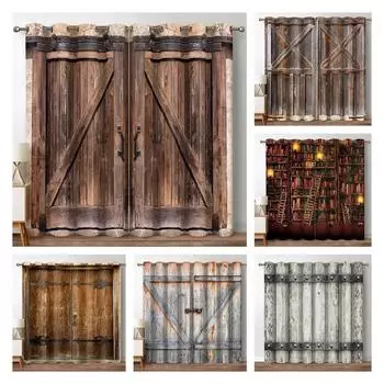 3D Rustic Vintage Wooden Barn Door Farmhouse Farm Window Curtain For Living Room Kids Bedroom Bathroom Kicthen Door Home Decor2P W65X60H(cm)X2Pcs&Hook
