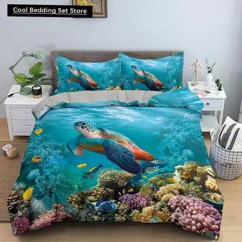 3D Sea Turtle Bedding Set Psychedelic Animal Duvet Cover Queen King Comforter Cover Twin Full Size 2/3pcs Polyester Quilt Cover EU single(135x200cm)