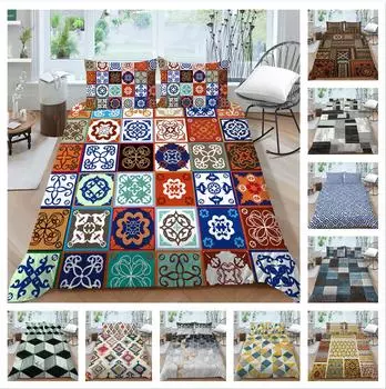 3D семейное постельное белье, односпальная двуспальная кровать, полноразмерное винтажное постельное белье с графическим принтом, наволочка и пододеяльник с геометрическим узором, моющееся украшение для дома UK Single 135x200cm