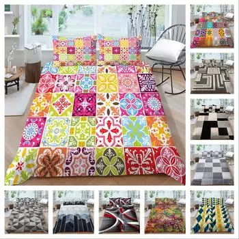 3D семейное постельное белье, односпальная двуспальная кровать, полноразмерное винтажное постельное белье с графическим принтом, наволочка и пододеяльник с геометрическим узором, моющееся украшение для дома UK Single 135x200cm