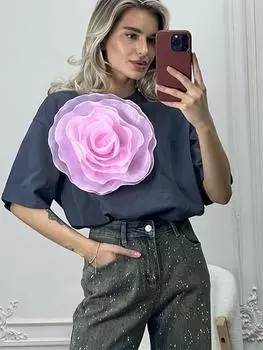 3D сетчатая женская футболка с цветком камелии и круглым вырезом, свободная женская рубашка с коротким рукавом, весна-лето, женские топы в стиле Ins S серый