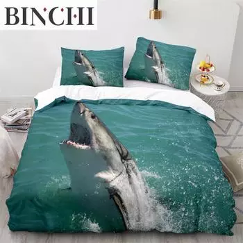 3D Shark Fish Duvet Cover Beach Ferocious Shark Theme Bedding Set Ocean Sea Comforter Cover For Kids Women Men Room Decorations EU single(135x200cm)