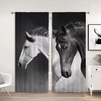 3D шторы с изображением животных в виде черной лошади, 2 шт., оконная отделка для гостиной, спальни, офиса, кухни, домашнего декора, эстетическое украшение комнаты W50 X H130(CM)X2&Hook