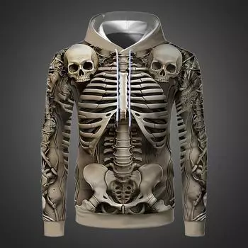 3D скелет человека ретро мужские толстовки винтажные модные смешные толстовки с капюшоном 2024 подарки на Хэллоуин свитер с черепом одежда S