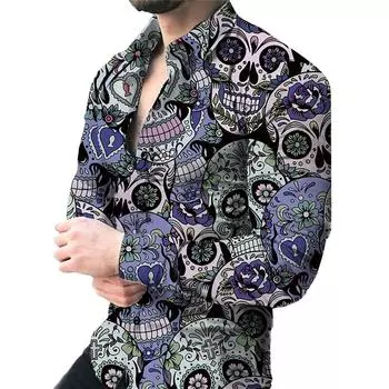 3D Skull Print Men s Long-sleeved Stretch Shirt Vacation Party Shirt S синий