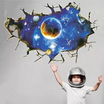 3D сломанная стена галактика космическая планета поддельный вид из окна стикер на стену наклейки съемные обои украшение дома 30*90cmX2pcs синий