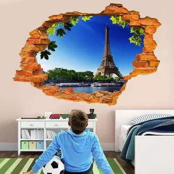 3D сломанная стена Эйфелева полотенце поддельный вид из окна стикер на стену наклейки съемные обои наклейка s украшение дома 57x90cm синий