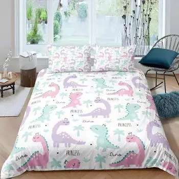 3D Small Dinosaur Cartoon Cute Simple Bedding Set Couple King Single Size for Kids Children Polyester Quilt Cover Pillow Case US Twin(172x218cm)