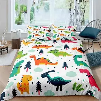 3D Small Dinosaur Cartoon Cute Simple Bedding Set Couple King Single Size for Kids Children Polyester Quilt Cover Pillow Case 135X200cm-2pcs