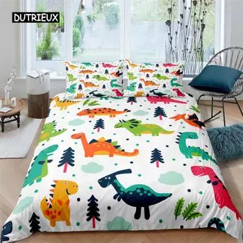 3D Small Dinosaur Cartoon Cute Simple Bedding Set Couple King Single Size for Kids Children Polyester Quilt Cover Pillow Case EU single(135x200cm)