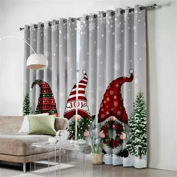 3D Snowflake Christmas Old Man Curtain Dwarf Gift Christmas Tree White Living Room Bedroom Window Decorative Curtain 2 Panels 50W130H(CM)X2PCS&Grommet Top