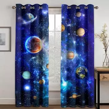 3D Современная Голубая Планета Ночное Небо Галактика Звезда Инопланетяне Ребенок 2 Части Бесплатная Доставка Затенение Окна Шторы для Гостиной Спальни 140W160H(CM)55x63in&Grommet Top