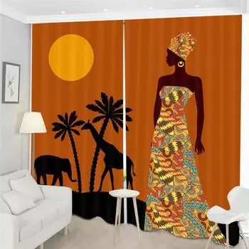 3D Современная Роскошная Африканская Женщина Тонкая Прозрачная Занавеска Для Окна Для Гостиной Спальни Кухни Обработка Домашнего Декора Крючка 100W130H(CM)40x51in&Hook