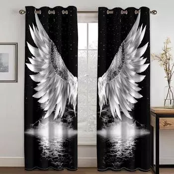 3D Современные Крылья Ангела Черно-Белые Солнцезащитные Шторы 2 Панели Роскошная Гостиная Спальня Балкон Кухня Декор 50W130H(CM)X2PCS&Grommet Top