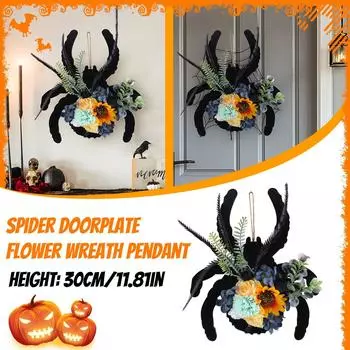 3D Spider Wooden Plaque Door Hanging Flower Wreath, Plaque Door Hanging Festive Atmosphere Decorative Vine Circle Wall Hanging One Size