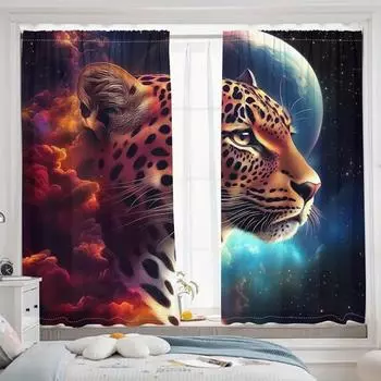 3D starry leopard animal curtains colorful background fashion shading bedroom living room window decoration curtains 2 pcs 50W130H(CM)X2PCS&Grommet Top
