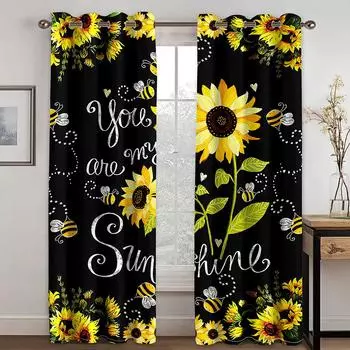 3D Sunflower Creative Curtains Bee Print Yellow 2 Panel Living Room Bedroom Kitchen Balcony Window Decorative Curtains 50W130H(CM)X2PCS&Grommet Top