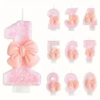 3D свечи-банты с цифрами 0-9 - сверкающие розовые свечи с элегантным декором в виде банта, идеально подходят для дня рождения, свадьбы, вечеринки, юбилея, 0