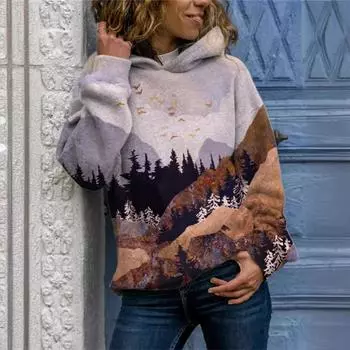 3d свободная толстовка с капюшоном с пейзажем, женская толстовка с градиентным принтом, женский пуловер с длинными рукавами S серый