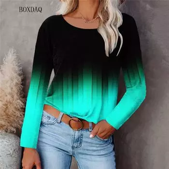 3D Tie-dye Graphic Женские повседневные футболки весна-осень с длинным рукавом и градиентным принтом Уличная одежда Женские футболки Топы S