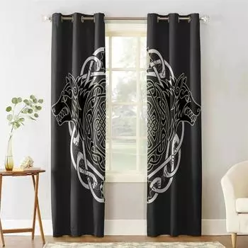 3D Тотем Викинга Волка Символ Религии Черные Шторы Гостиная Кухня Детская Комната Спальня Окно Декоративные Шторы 50W130H(CM)X2PCS&Grommet Top