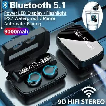 3D Touch Bluetooth 5.1 Наушники 9000 мАч Светодиодный дисплей Беспроводные гарнитуры Гарнитура с шумоподавлением 9D HiFi Стереонаушники IPX7 Водонепроницаемые M9 чёрный