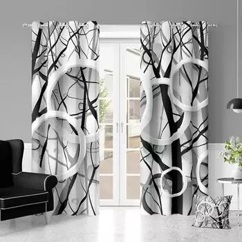 3D Tree Silhouette Abstract Circle FlowerWindow Curtains Blinds For Living Room Bedroom Bathroom Kicthen Office Door Home Decor2 W65X60H(cm)X2Pcs&Hook