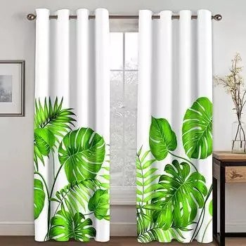 3D Tropical Rainforest Green Leaves Curtains for Living Room, Bedroom, Kitchen Decoration, Elegant Window Curtains, 3D 50W160H(CM)x2Panel&Hook