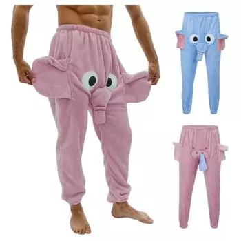 3D Уши Флис Пижамные Штаны Плюшевые Пижамы Женщины Мужчины Юмористические Штаны Хобот Слона Мужчины Женщины M-Blue Elephant