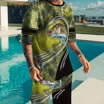 3d узор «Рыба и рыболовный крючок», мужские комплекты из 2 предметов, удобная футболка с коротким рукавом и повседневные шорты на лето, мужская одежда S