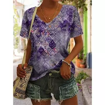3D V-образный вырез футболка винтажная женская смешанный цветочный узор принт летняя женская рубашка топы уличный тренд свободные женские топы больших размеров S