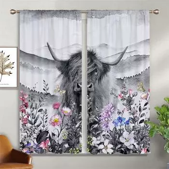 3D Vintage Field Style Curtains, Animal, Cattle, Sheep, Plant, Floral Curtains, Living Room, Bedroom, Balcony, Kitchen Decor W50X130H(CM)X2PCS&Grommet Top