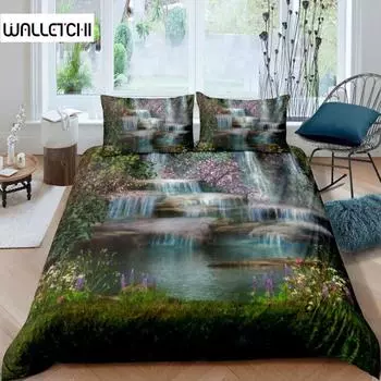 3D Waterfall Duvet Cover Set King Size Microfiber Botanical Floral Trees Pattern Bedding Set Purple Dream Theme Comforter Cover EU single(135x200cm)