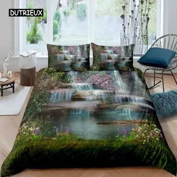 3D Waterfall Duvet Cover Set King Size Microfiber Botanical Floral Trees Pattern Bedding Set Purple Dream Theme Comforter Cover EU single(135x200cm)