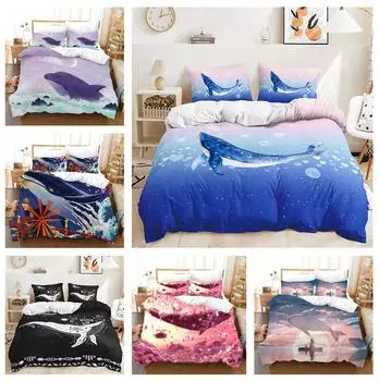 3D Whale Bedding Set Single Bed Double Bed Pillowcase 2/3pcs Marine Animal Soft Cover Boy and Girl Gift Microfiber Baby 100x135cm