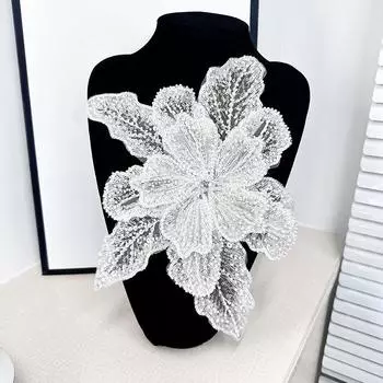 3D White Sequin Flowers Beaded Lace Fabrics Applique Embroidery Sewing Patches For Wedding Evening Dress Clothing Patches