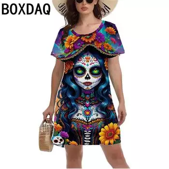 3D винтажное платье с принтом черепа и розы, женское, с коротким рукавом, с круглым вырезом, повседневное платье, женское мини-платье для вечеринки на Хэллоуин S